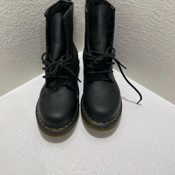 Dr. Martens Black 8-Eye Lace-Up Boots with Subtle Floral Embroidery - Picture 2 of 8